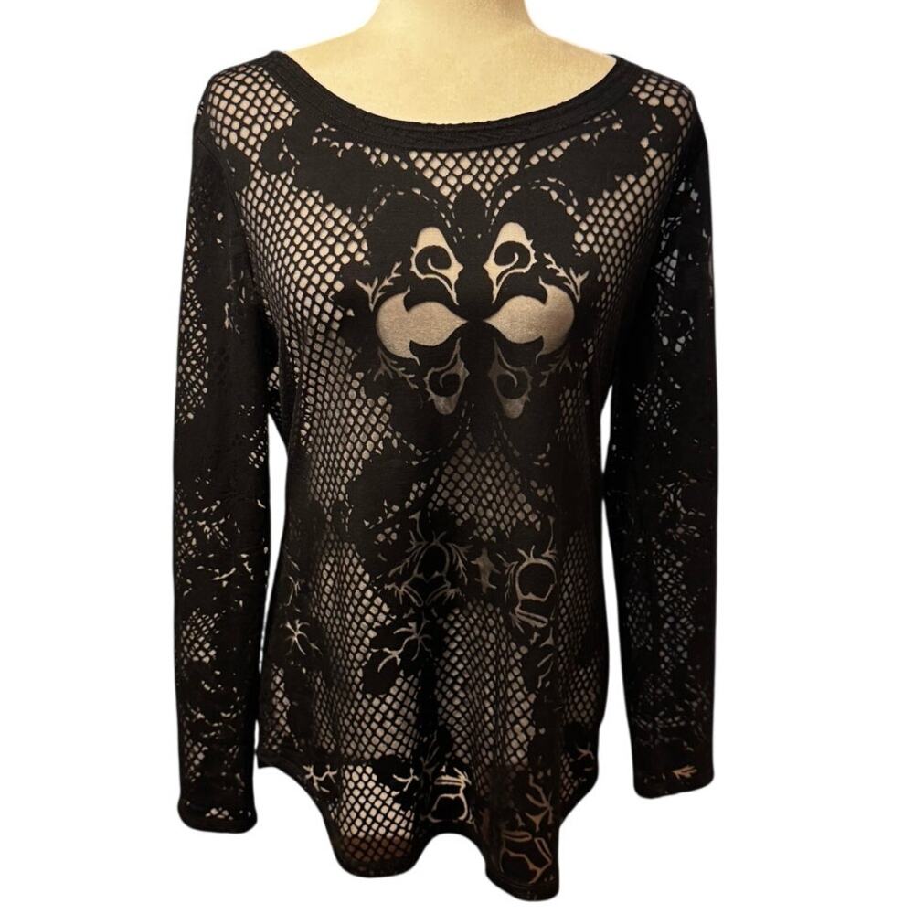 Vintage Cache Black Sheer Mesh Burnout Long Sleeve Top Goth Y2K Clubwear L